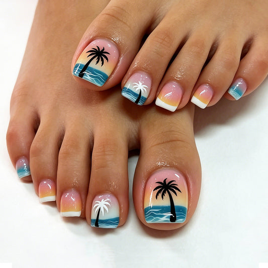 Tropical Paradise Short Square Aqua Ombre Toenail Set with Beach Scene Design