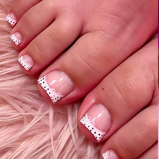 Elegant Bliss Short Square Pink with Dotted Lace Design Press On Toenail Set