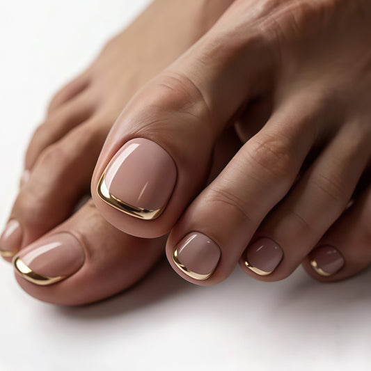Elegant Touch Short Square Beige with Charming Gold Accent Press On Toenail Set