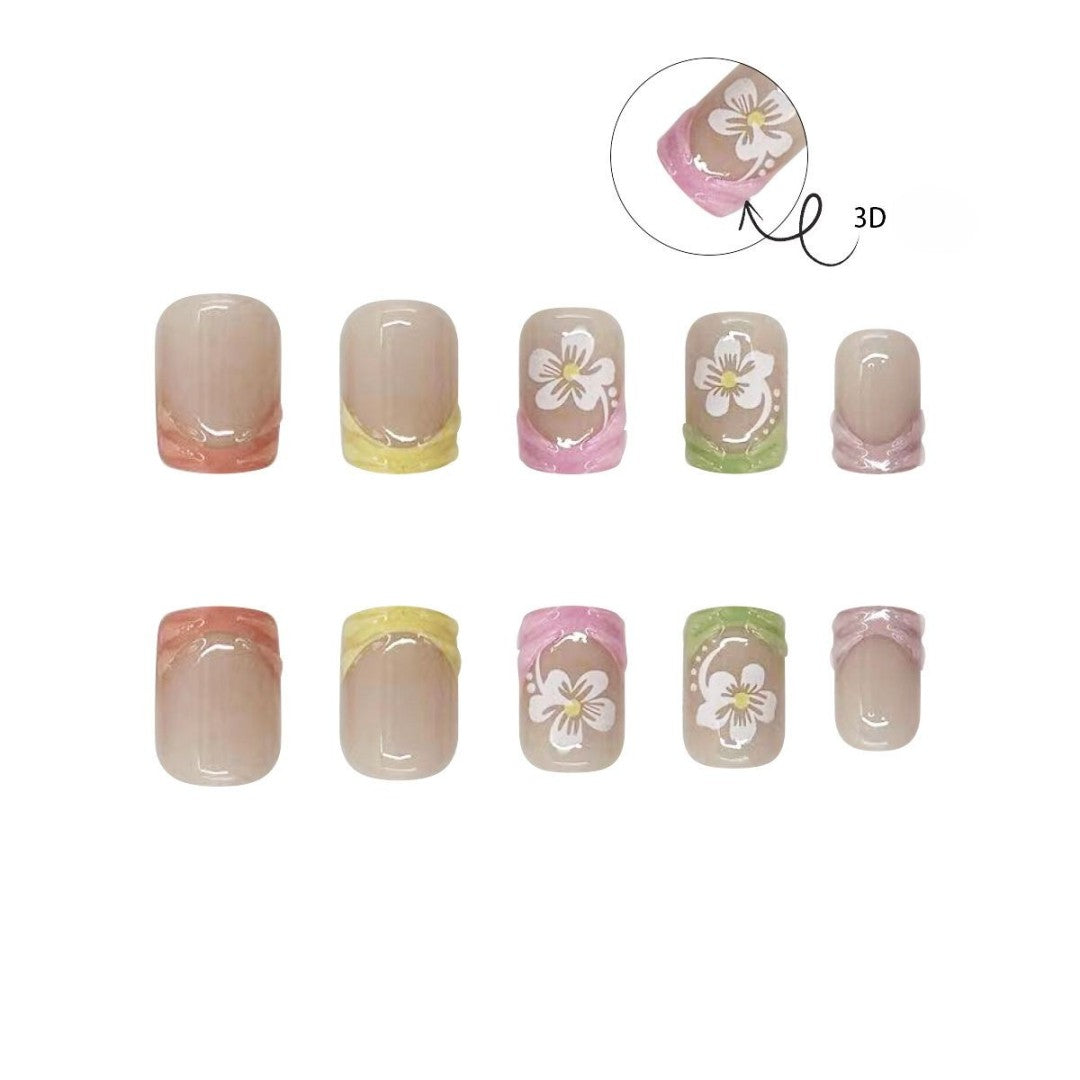 Spring Blossom Collection Medium Square Beige Press On Nails with Pastel Accents and 3D Floral Design