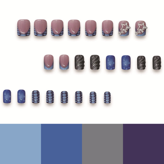 Celestial Glam Press On Nail Set Long Square Purple Blue Gray with Glitter Stars and Unique Textured Designs