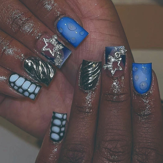 Celestial Dream Press On Nail Set Medium Square Blue Black and Silver Water Droplet and Star Design