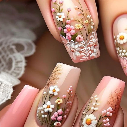 Blooming Garden Medium Square Pink Floral Press On Nail Set with Intricate Hand-Painted Design