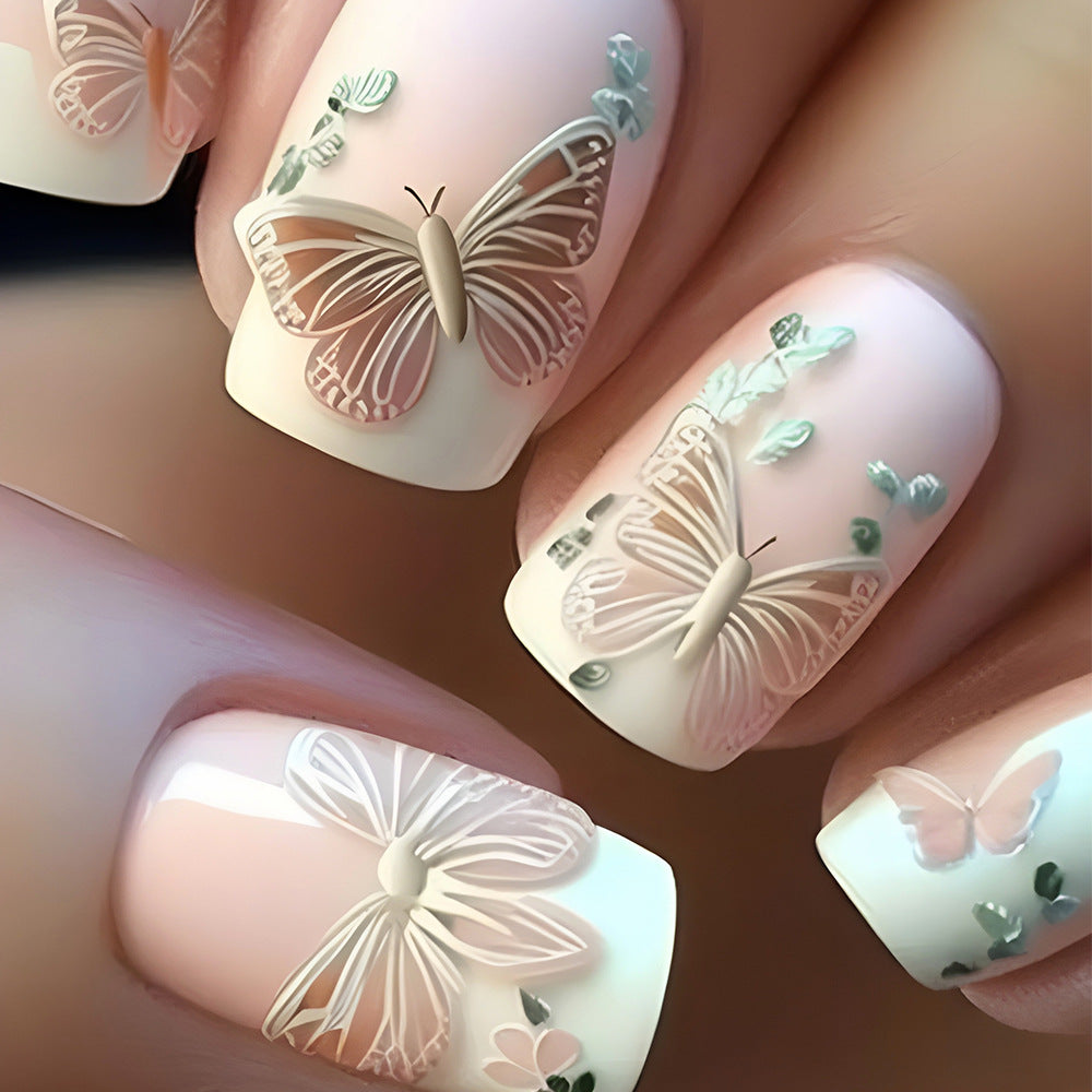Whimsical Butterfly Garden Short Square Pastel Pink with Intricate Transparent Design Press-On Nail Set