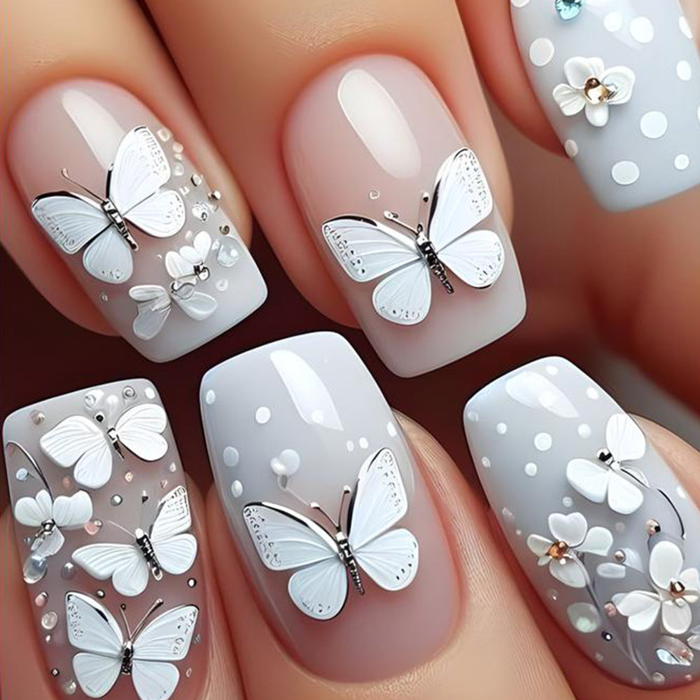 Butterfly Garden Medium Square White Press On Nail Set with Three Dimensional Floral Accents