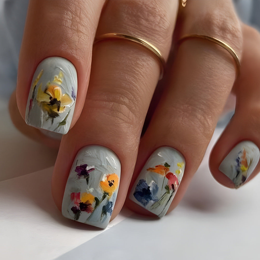 Floral Dream Short Square Light Blue Press On Nail Set with Hand-Painted Design