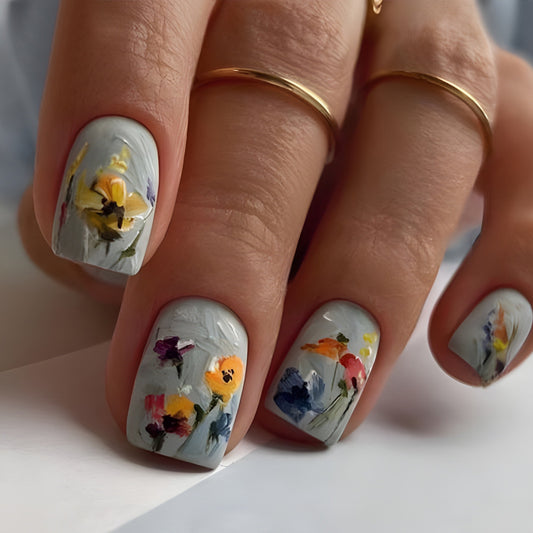 Floral Dream Short Square Light Blue Press On Nail Set with Hand-Painted Design