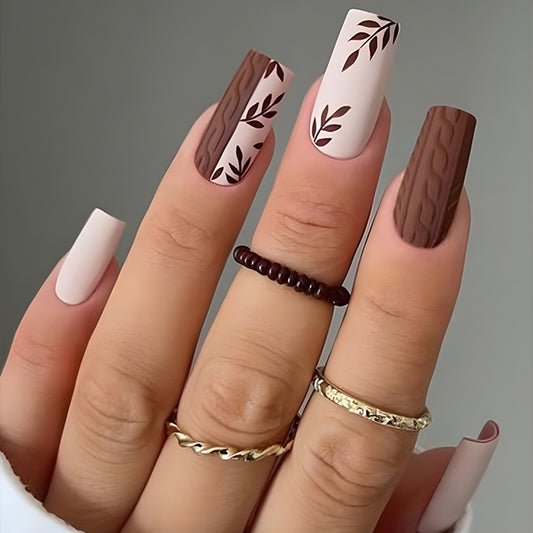 Autumn Essence Long Square Brown and Blush Floral Pattern Nail Set