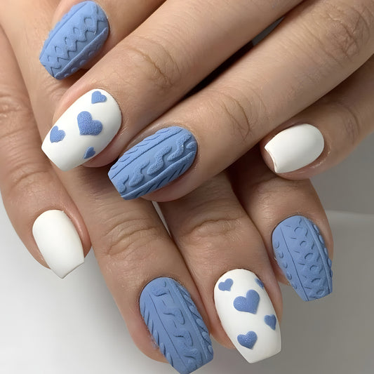 Cozy Knit Themed Medium Square Blue and White Textured Press On Nail Set with Heart and Cable Knit Designs