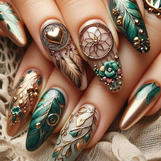 Bohemian Elegance Long Almond Green with Metallic Accents and Intricate Floral Designs Press-On Nail Set