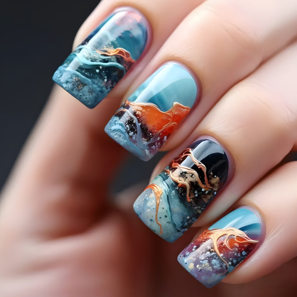 Oceanic Dreams Medium Square Tip Glossy Press-On Nail Set with Swirling Metallic Accents