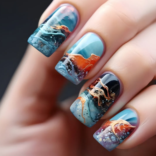 Oceanic Dreams Medium Square Tip Glossy Press-On Nail Set with Swirling Metallic Accents