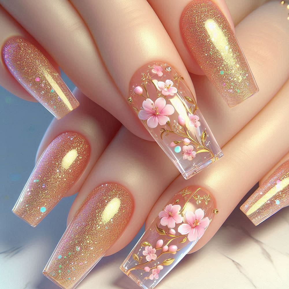 Blossom Elegance Long Square Clear Pink Floral Glitter Press On Nail Set
