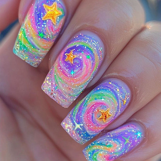 Galactic Dream Medium Square Pastel Swirl Glittering Nail Set with Star Accents
