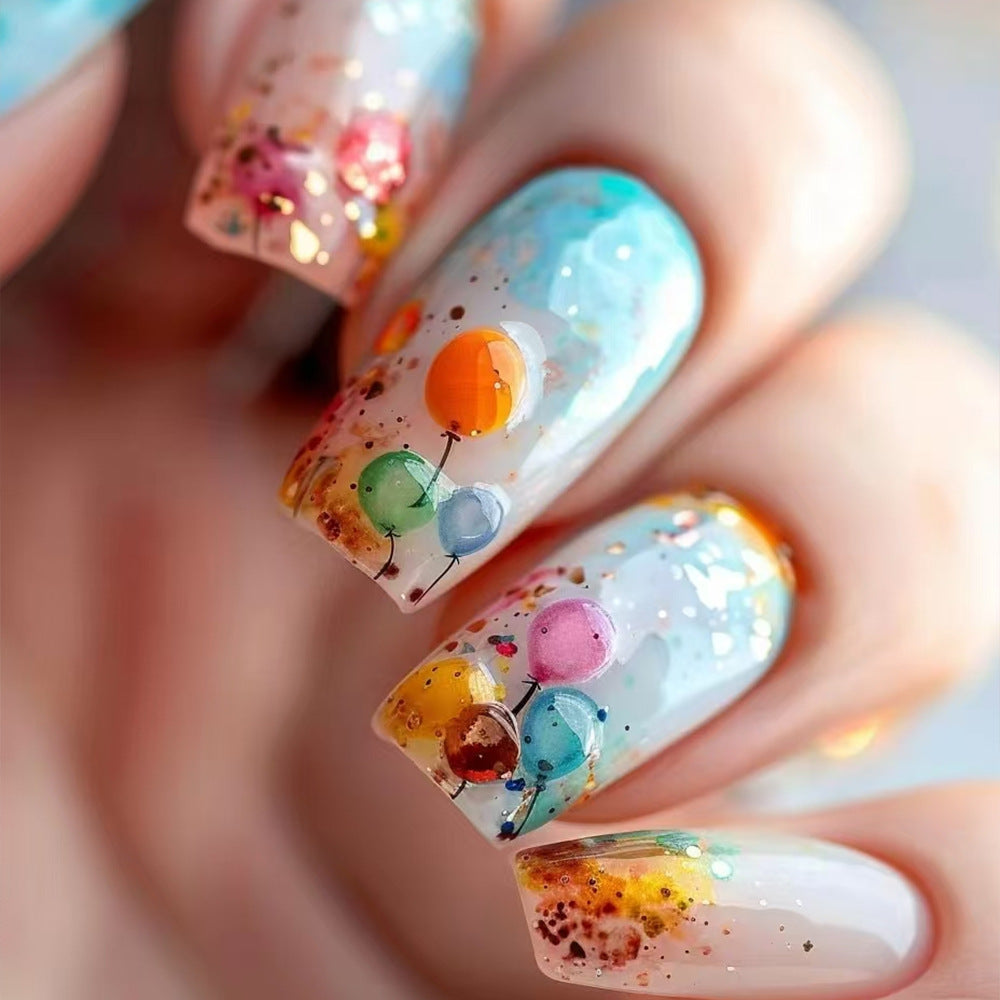 Balloon Celebration Medium Square Clear Glitter Nails with Colorful Balloon Accents