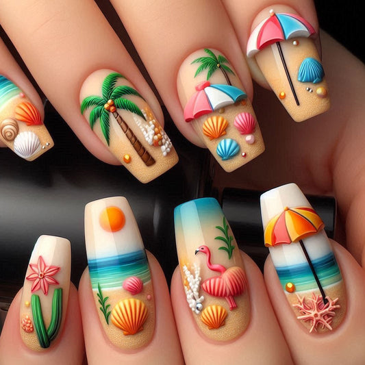 Tropical Paradise Medium Square Beige Nails with Vibrant Beach Designs and Unique Three Dimensional Embellishments