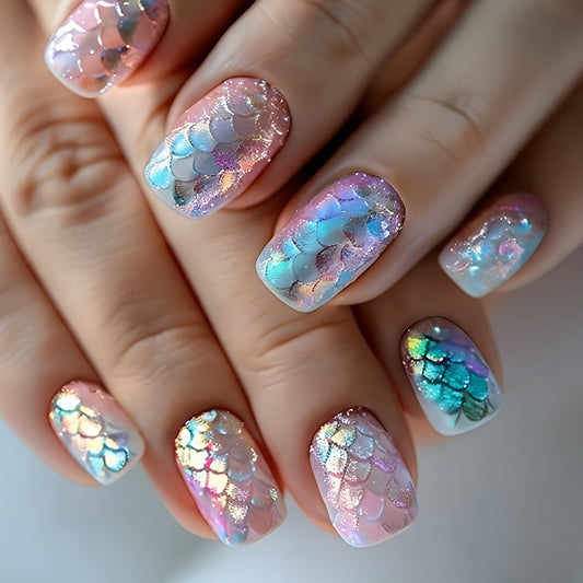 Mermaid Dream Short Square Glittering Iridescent Nail Set