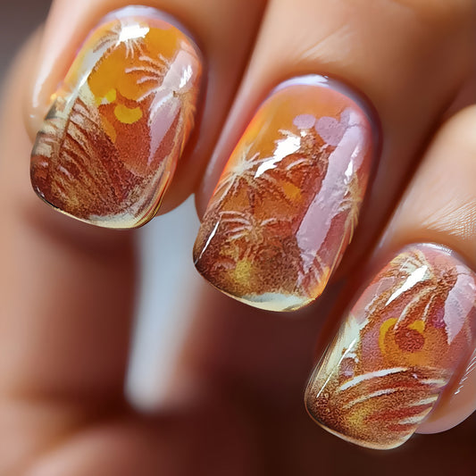 Bohemian Sunset Short Square Orange Gradient Nail Set with Tropical Leaf Design