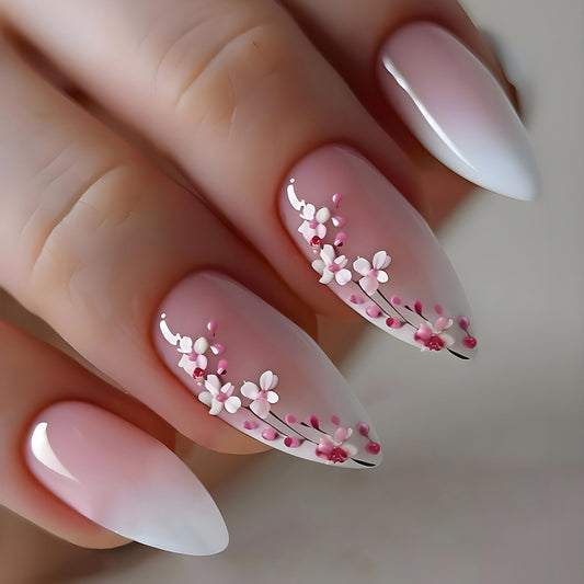 Blossoming Elegance Medium Almond Peach Ombre with Floral Art Press On Nail Set