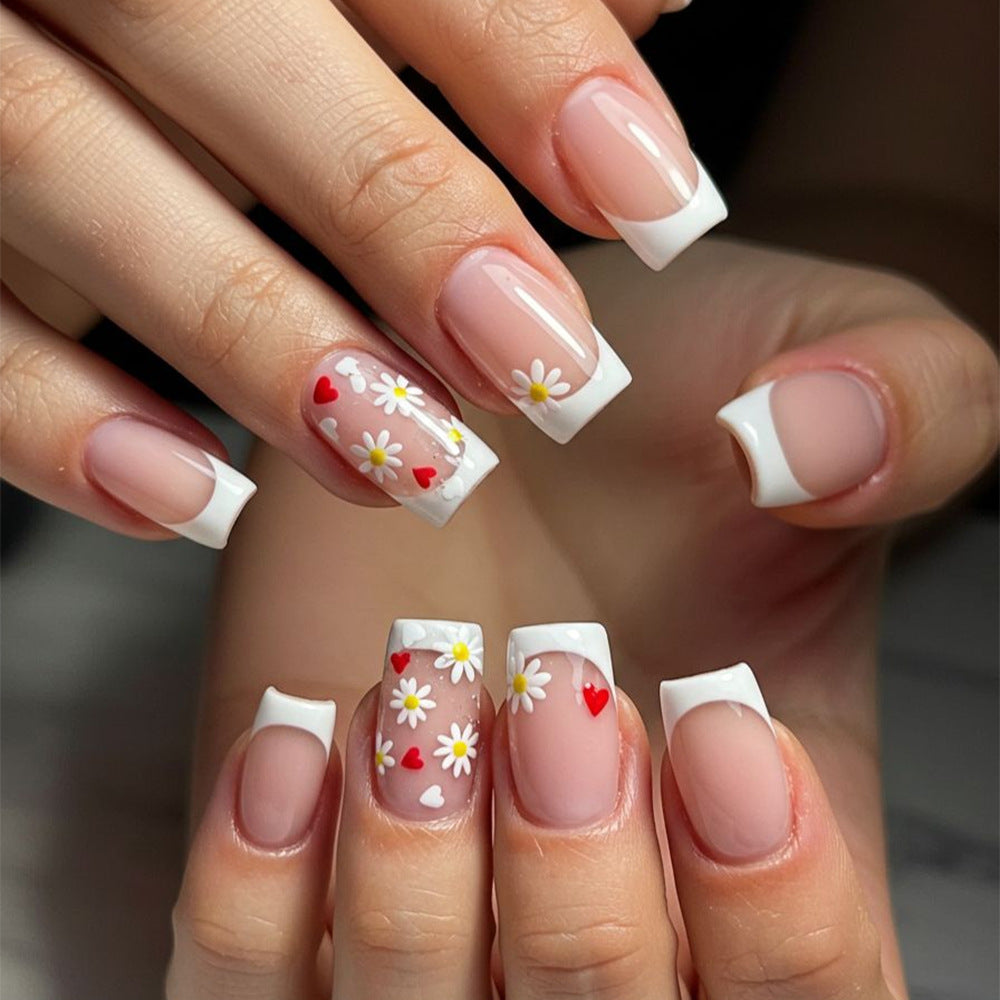 Blossom Elegance Medium Square Pink with Floral Hearts Design Press On Nail Set