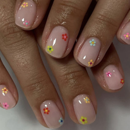 Floral Fantasy Short Squoval Pink Press On Nail Set with Colorful Flower Accents