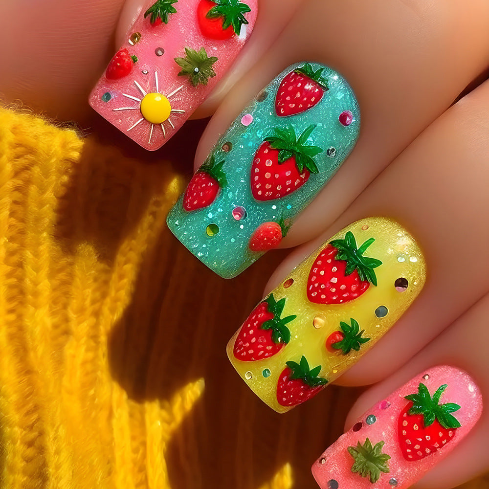 Strawberry Fields Medium Coffin Colorful Glittery Press-On Nail Set with Charming Fruit Design