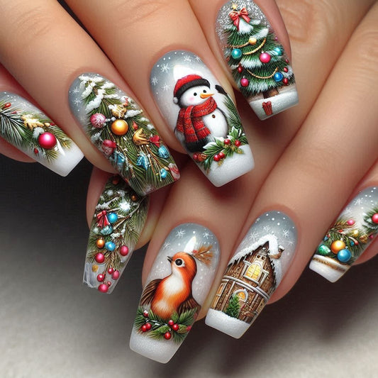 Winter Wonderland Long Square White Press on Nail Set with Festive Christmas Art