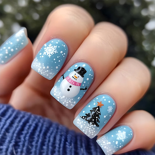 Winter Wonderland Short Square Light Blue Snowman Themed Press On Nail Set