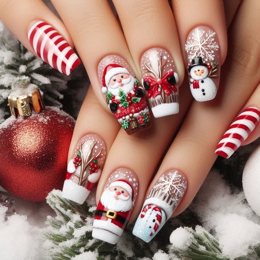 Festive Wonderland Medium Coffin Red and White Holiday Press-On Nail Set with Charming Santa and Snowman Designs