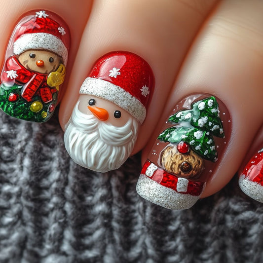 Festive Charm Short Square Red Glittery Holiday Press On Nail Set with Cute Santa and Gingerbread Designs