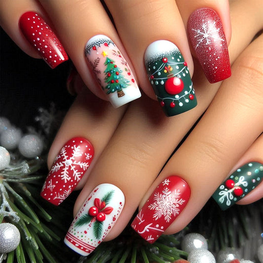 Festive Celebration Red and Green Long Square Press On Nail Set Featuring Charming Holiday Designs