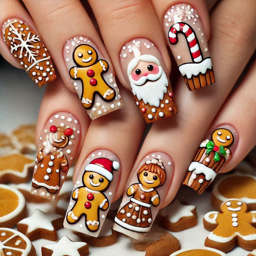 Gingerbread Wonderland Long Square Brown Nail Set with Festive Holiday Designs