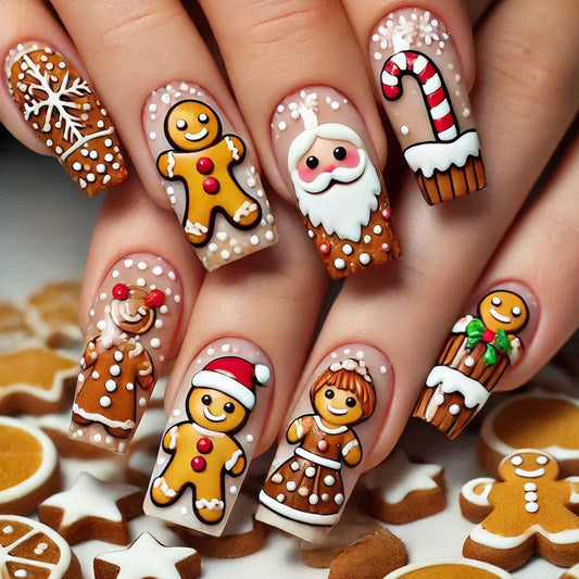 Gingerbread Wonderland Long Square Brown Nail Set with Festive Holiday Designs