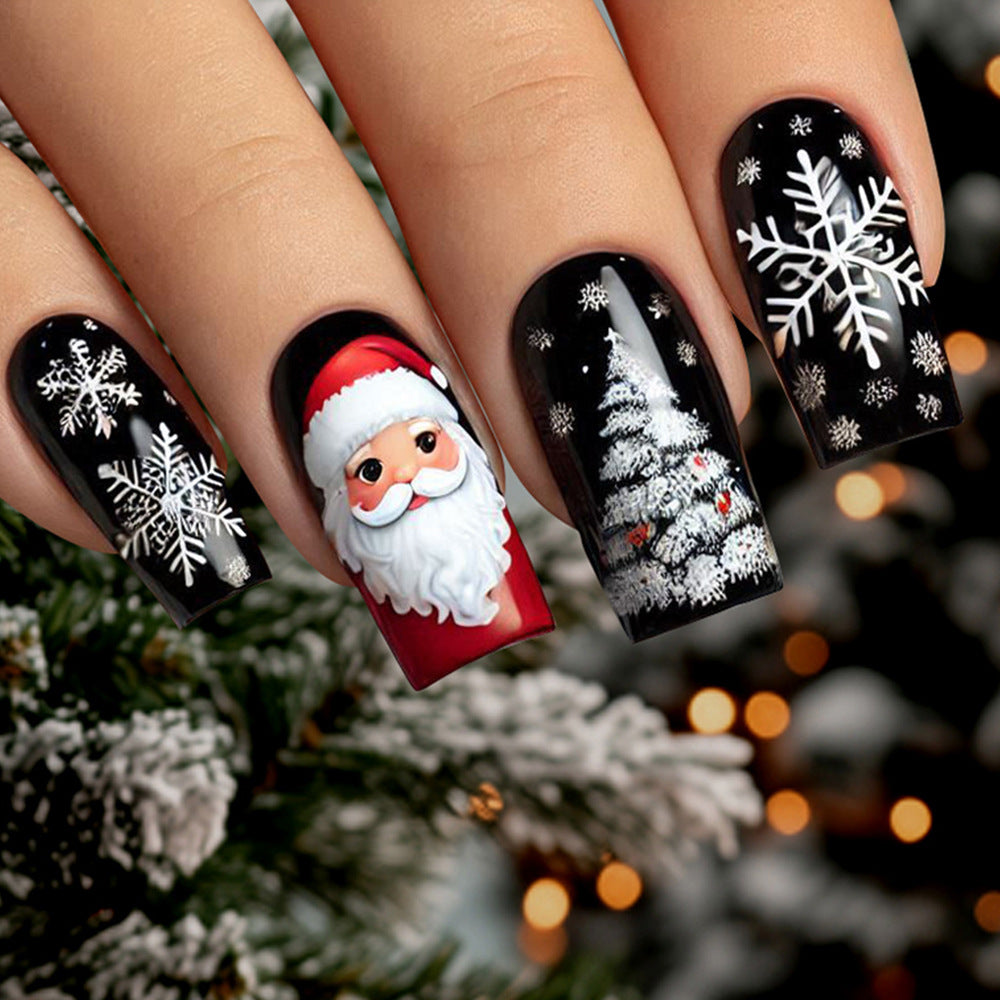 Festive Winter Wonderland Long Square Black with Santa Claus and Snowflake Design Press on Nail Set