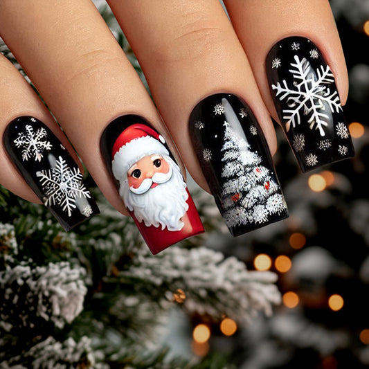 Festive Winter Wonderland Long Square Black with Santa Claus and Snowflake Design Press on Nail Set