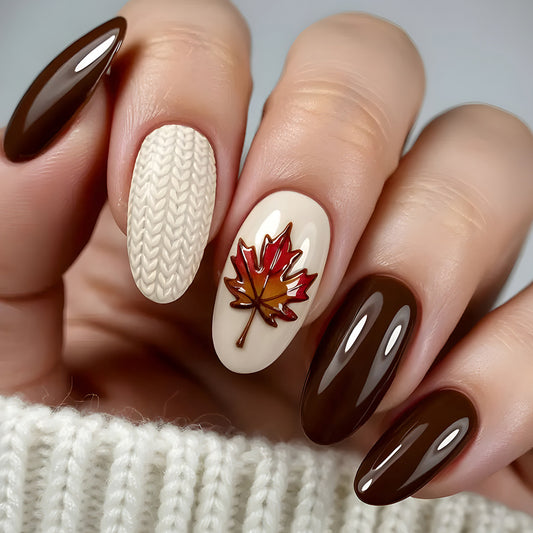 Autumn Elegance Long Oval Brown and Cream with Leaf and Cable Knit Design Press On Nail Set