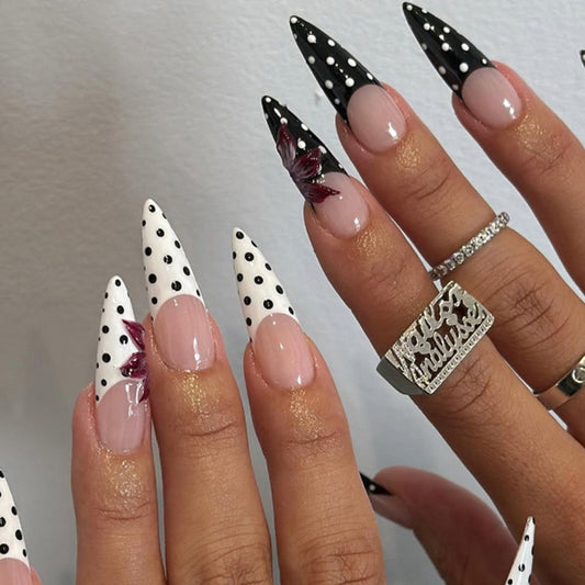 Whimsical Elegance Extra Long Stiletto Glossy Black and White with Floral Accents Press-On Nail Set