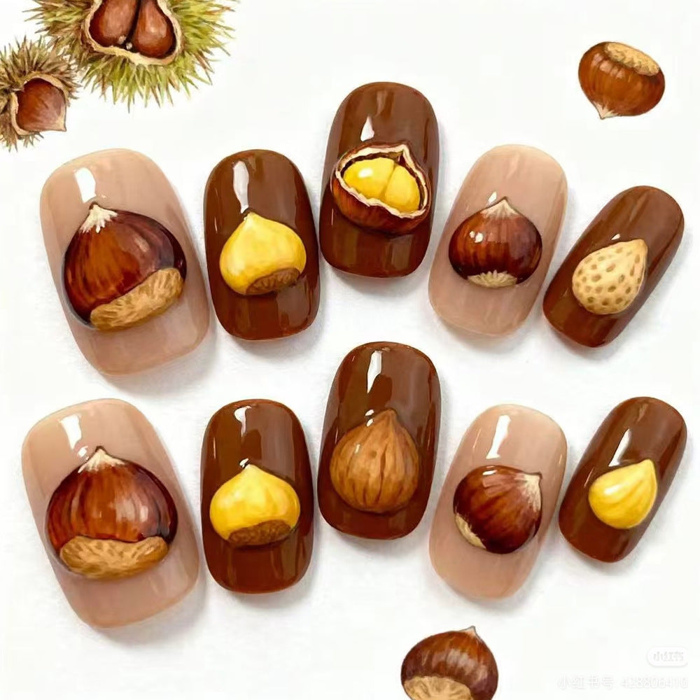 Autumn Harvest Medium Squoval Shaped Brown and Beige Press on Nail Set with Chestnut Artwork
