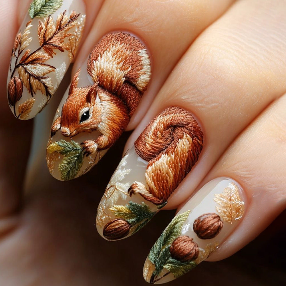 Autumn Whimsy Long Oval Brown with Intricate Squirrel and Leaf Art Press On Nail Set