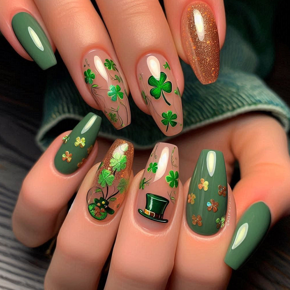 Lucky Charm Emerald Green Long Coffin Press On Nail Set with Glamorous Glitter and Floral Design