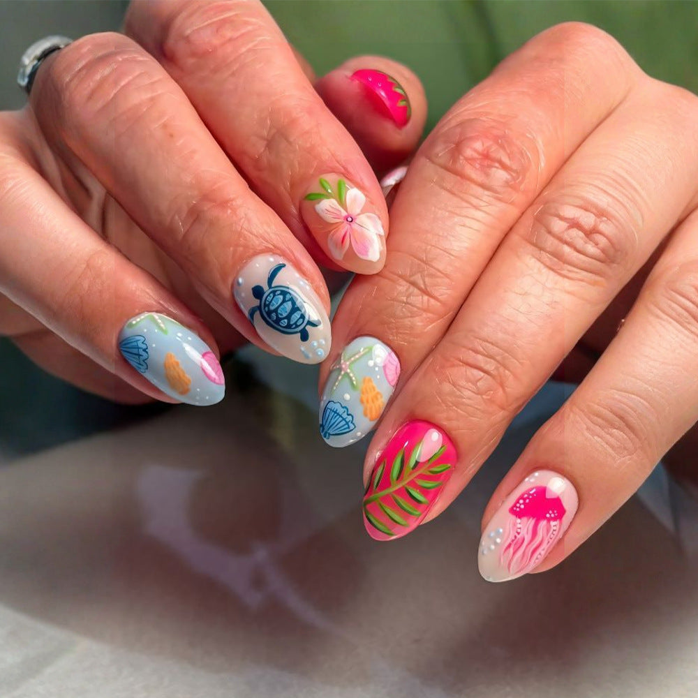 Tropical Paradise Short Almond Turquoise Ocean Inspired Press On Nail Set