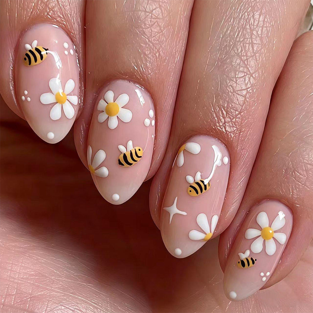 Honey Bee Inspired Medium Almond Pastel Press-On Nail Set with Charming Floral and Bee Designs