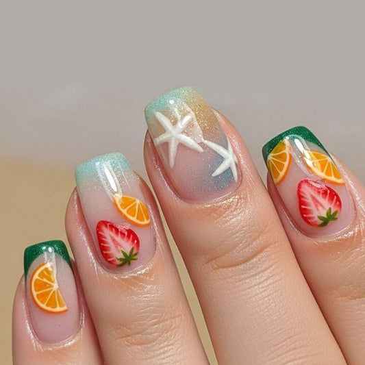 Tropical Serenity Short Square Green and Colorful Fruit Design Press on Nail Set