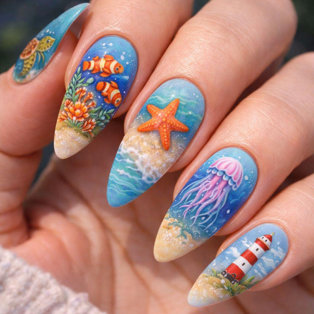 Ocean Paradise Long Almond Aqua Blue Nail Set with Vibrant Underwater Art