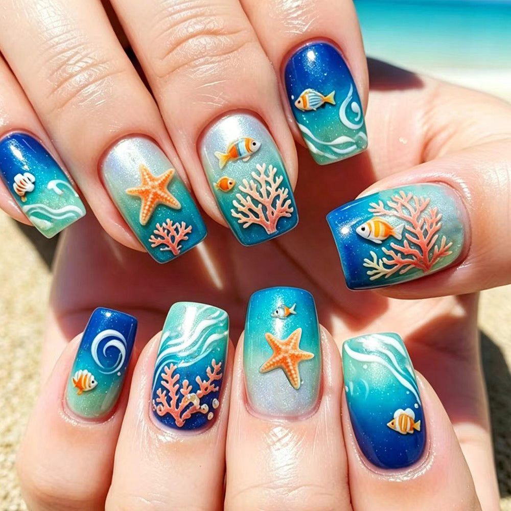 Underwater Paradise Medium Square Blue Gradient with Coral and Fish Design Press on Nail Set