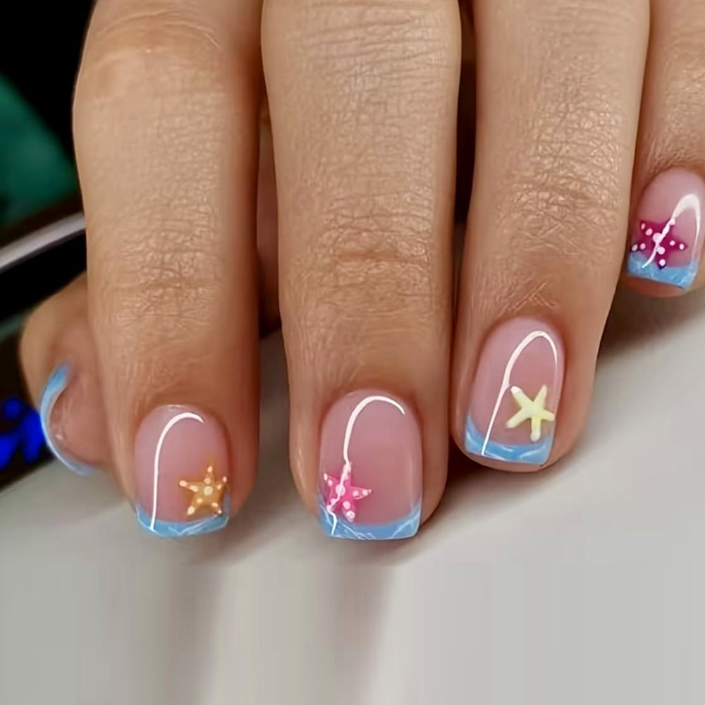 Beachy Vibes Short Square Pink and Blue Colorful Starfish Design Press On Nail Set