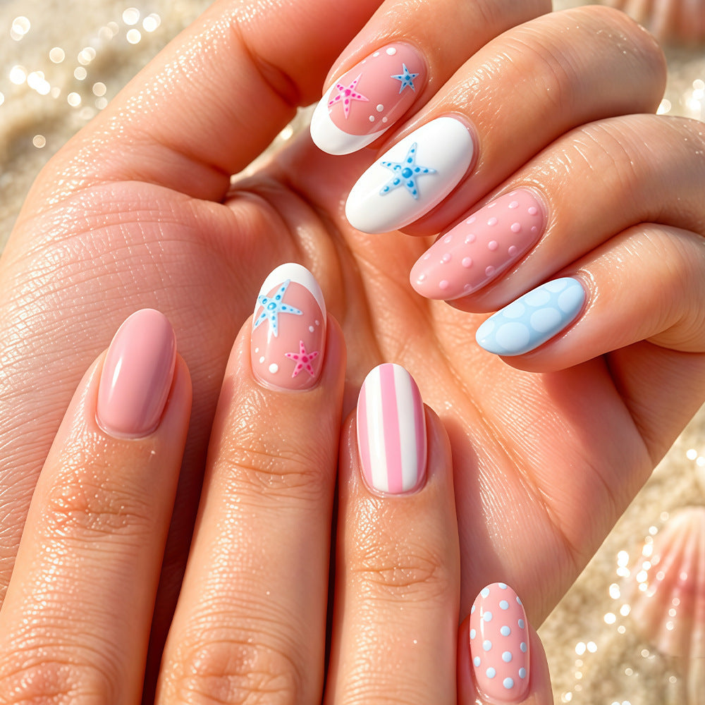 Ocean Breeze Medium Round Soft Pastel Design Press On Nail Set