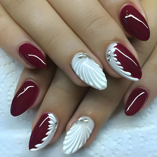 Elegant Blossom Medium Almond Shaped Burgundy and White Press On Nails with Exquisite Leaf Design and Rhinestone Accents