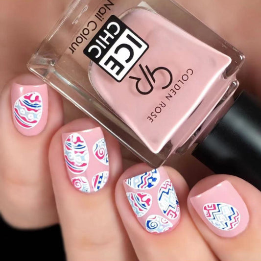 Bohemian Bliss Short Length Square Pink Press On Nail Set with Intricate White and Blue Patterns