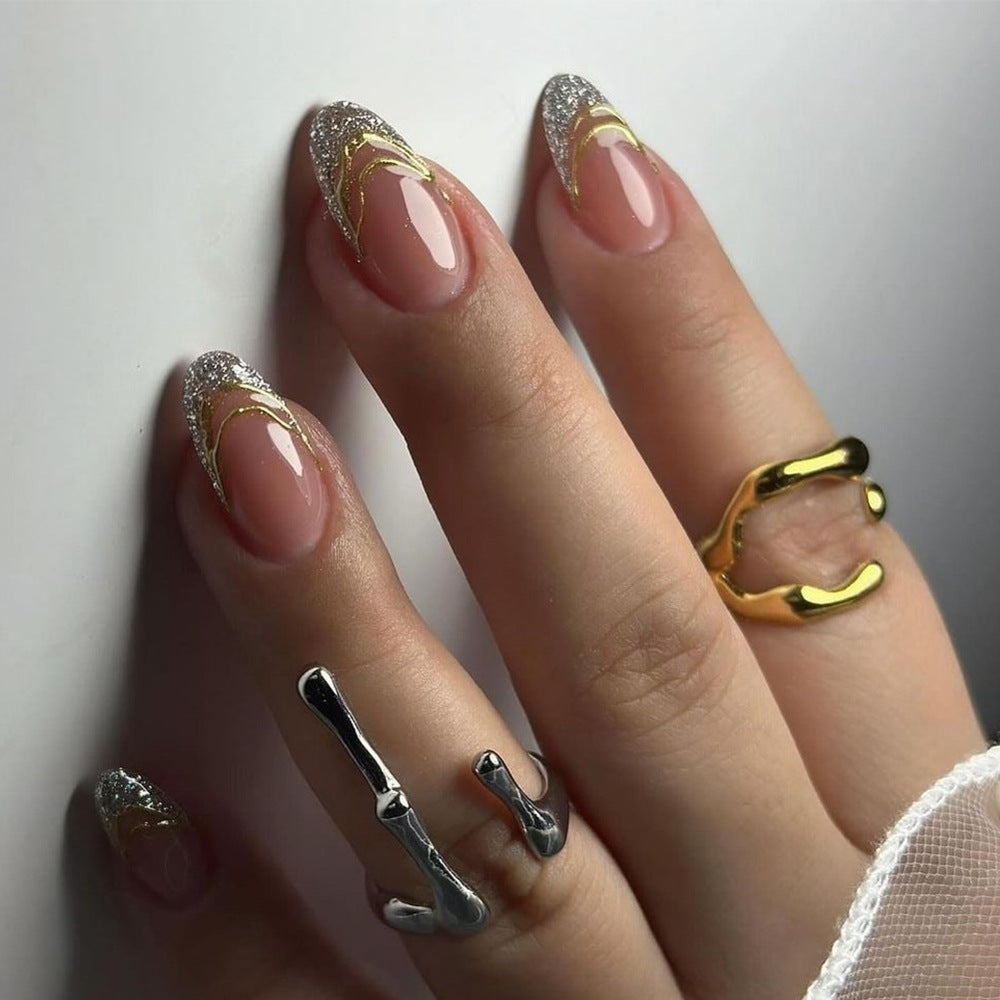 Glamorous Sparkle Elegant Medium Length Almond Shaped Transparent Pink with Glitter and Gold Accents Press On Nail Set